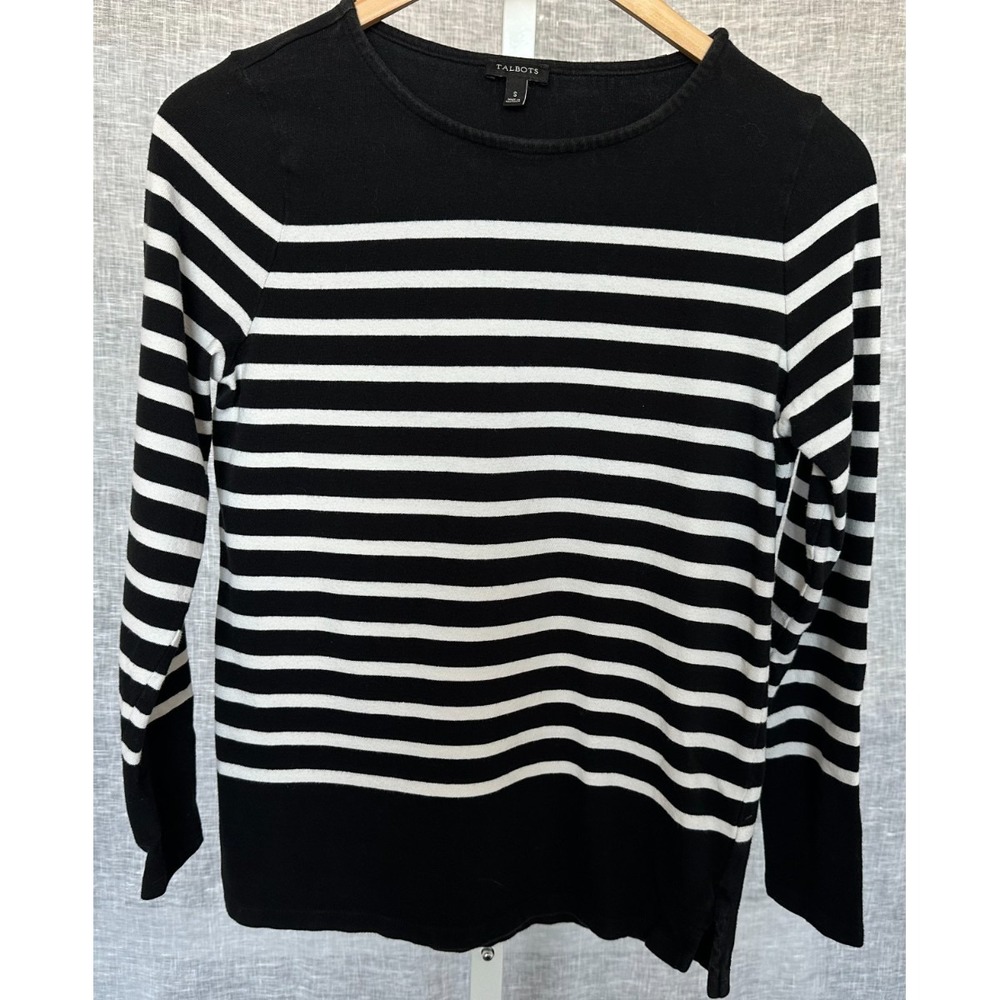 Talbots Black White Breton Stripe Tee Shirt Long Slv Nautical Preppy S Classic